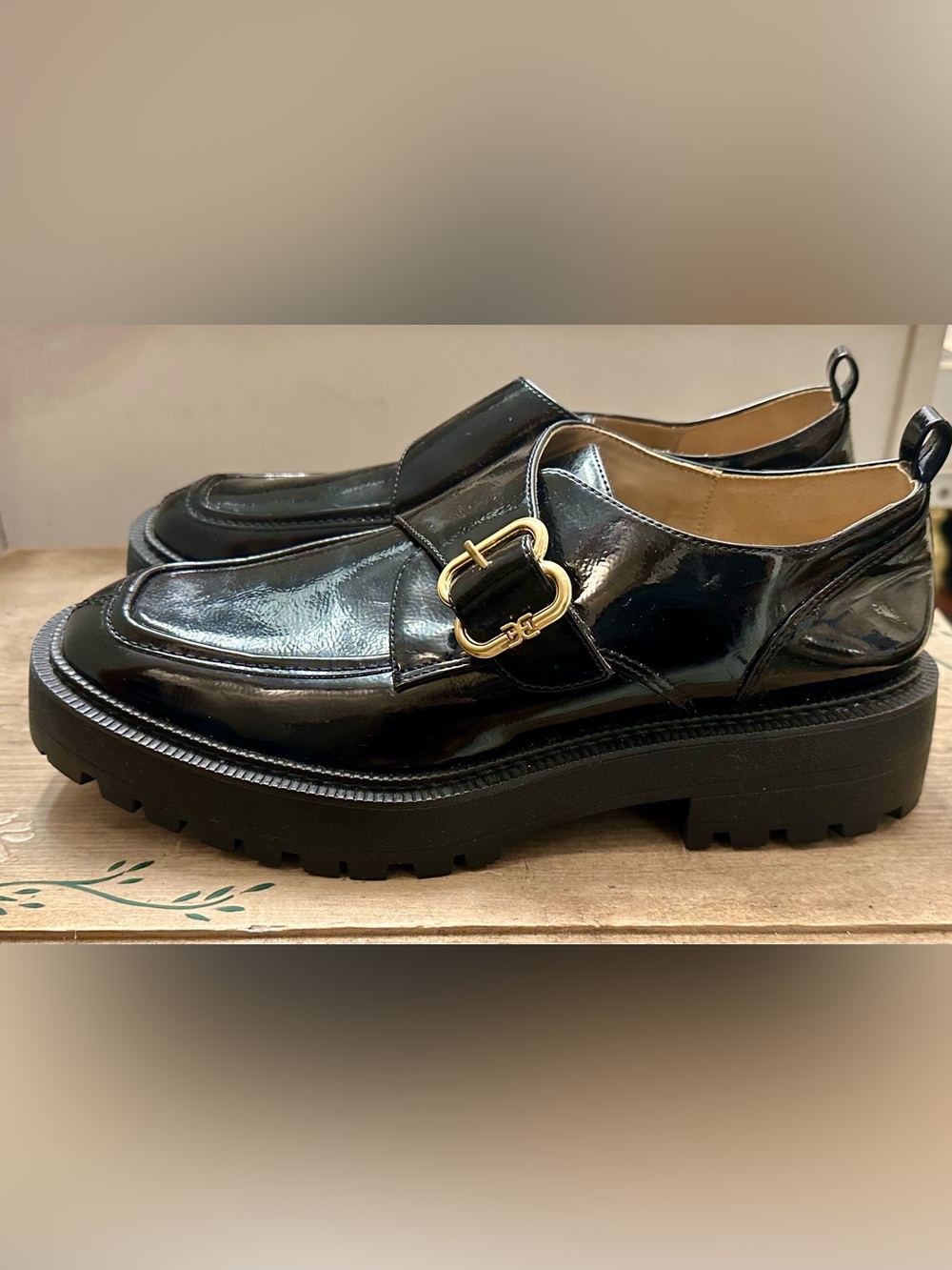 Sam Edelman Men's Black Patent Leather Monk Strap Loafers with Gold Buckle